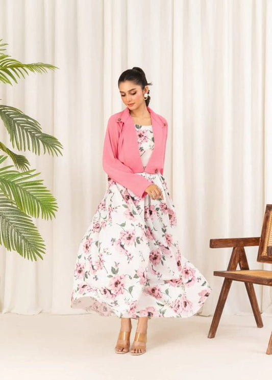 2 Pcs Stylish Floral Print Maxi Dress With Pink Jacket - Hazaaz