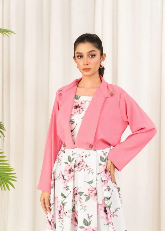 2 Pcs Stylish Floral Print Maxi Dress With Pink Jacket - Hazaaz