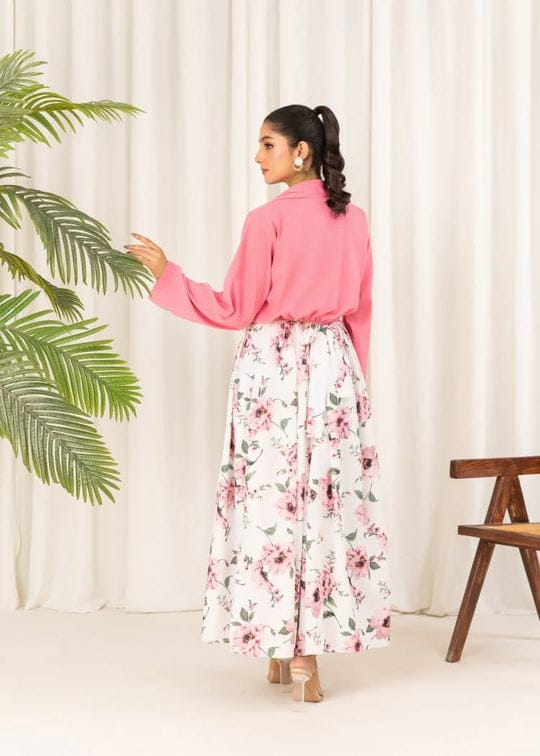 2 Pcs Stylish Floral Print Maxi Dress With Pink Jacket - Hazaaz