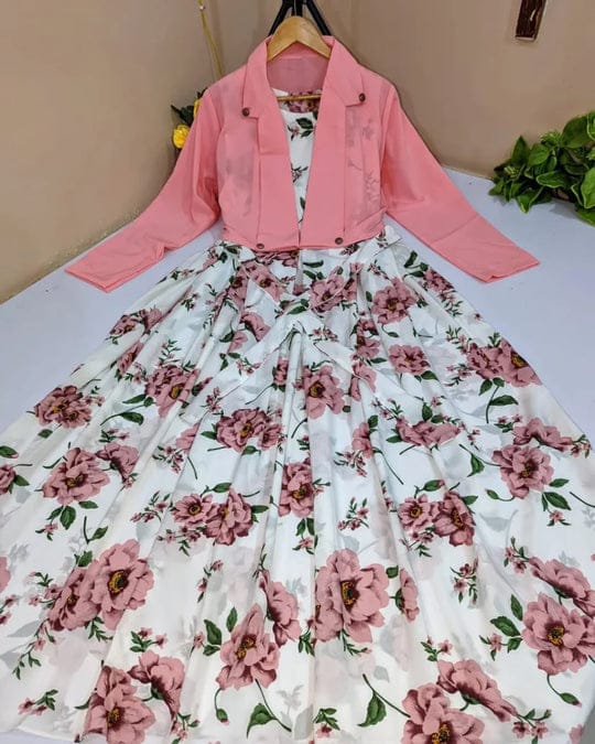 2 Pcs Stylish Floral Print Maxi Dress With Pink Jacket - Hazaaz